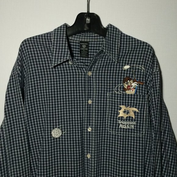 VTG 1997 Looney Tunes The Taz Mens Button Front Shirt XL Blue Golf Long Sleeve - Picture 1 of 11